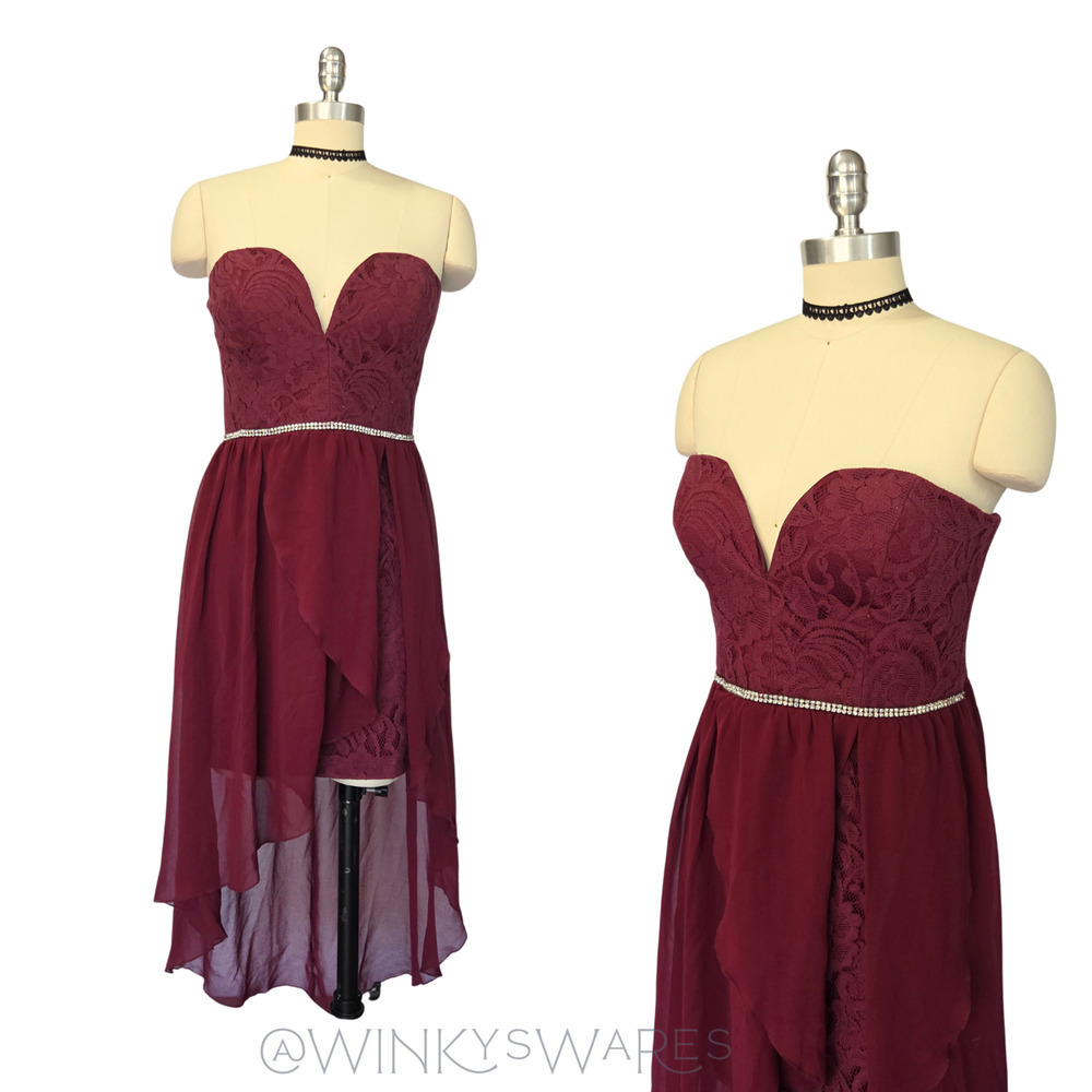 Vintage Y2K Strapless Hi Low Prom HoCo Mini Dress Size XL 15 Burgundy Lace